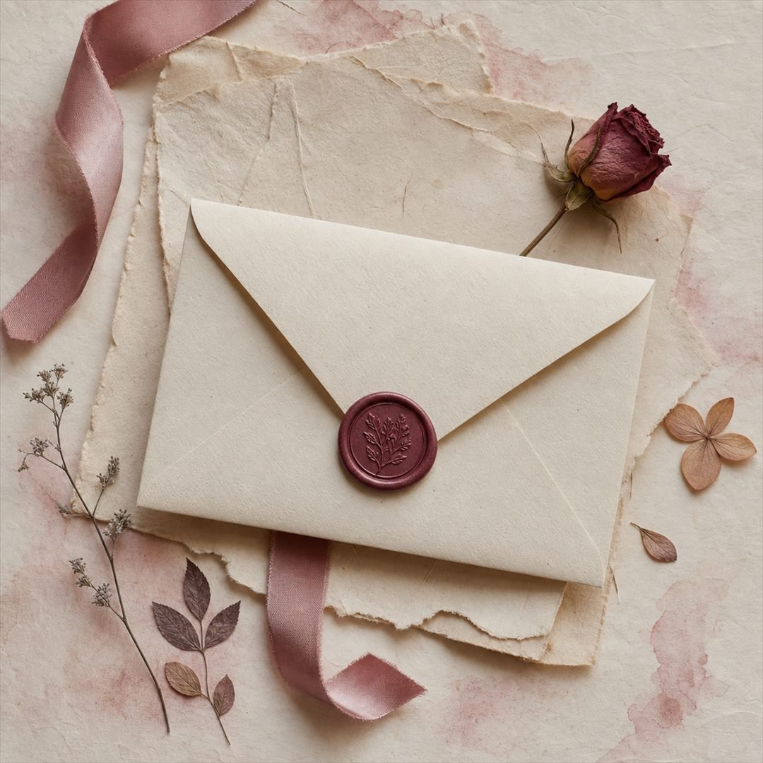Sobre sellado sobre papeles artesanales preparado para una carta digital con recuerdos
